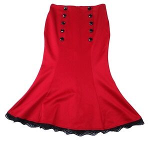 Red Mermaid Skirt‎ Black Lace Trim High Waisted Button Fishtail Pencil Skirt